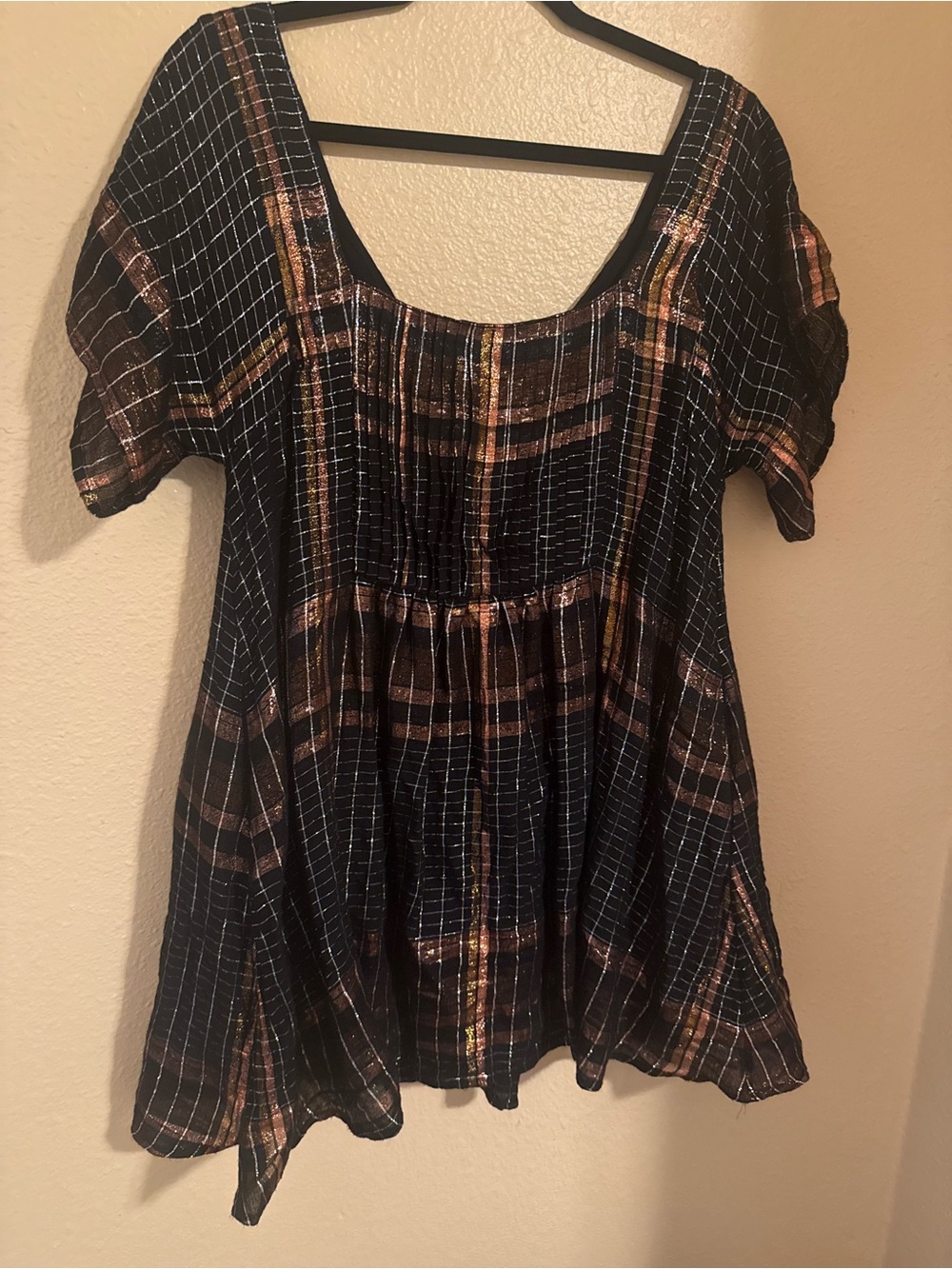 Free People Black Plaid Metallic Peplum Tunic